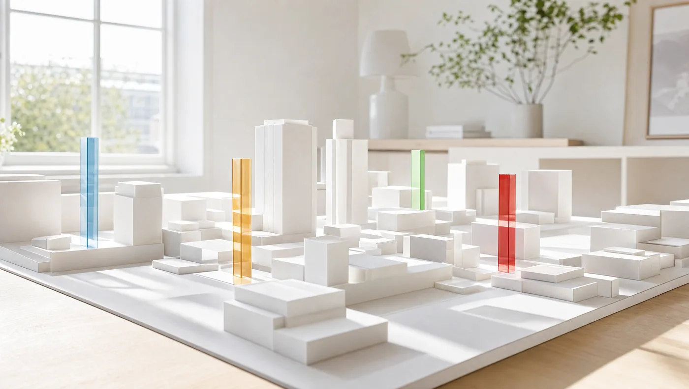 A white card architectural massing model of a city block under raking light