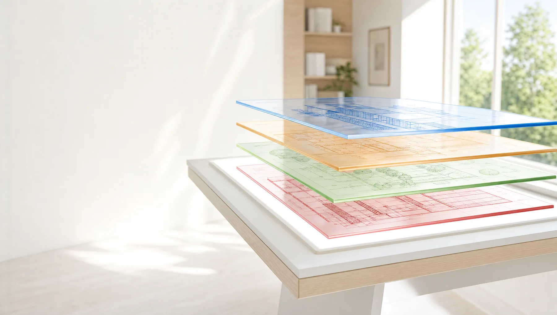 Three translucent drafting plates stacked over a light table, each carrying a different layer of the same plan