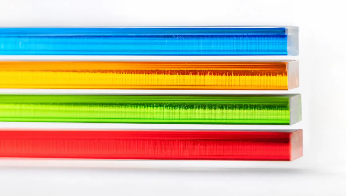 The glowing cut edge of a stack of translucent plates